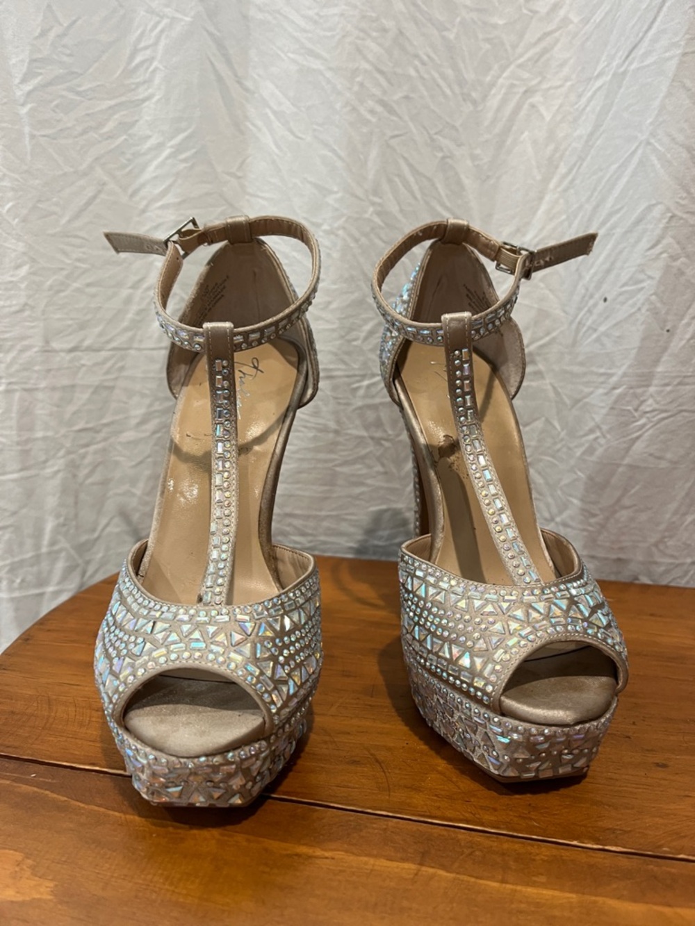Thalia Sodi Champagne Mosaic T-Strap Platform Heels